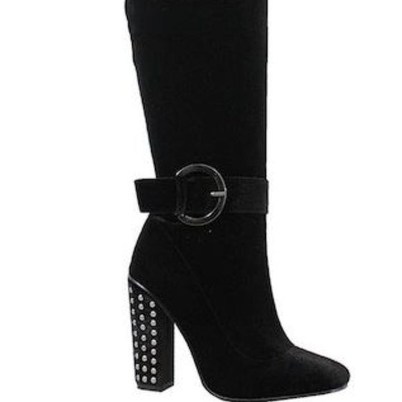 Yoki Shoes - Milles3 black velvet over the knee boots buckle